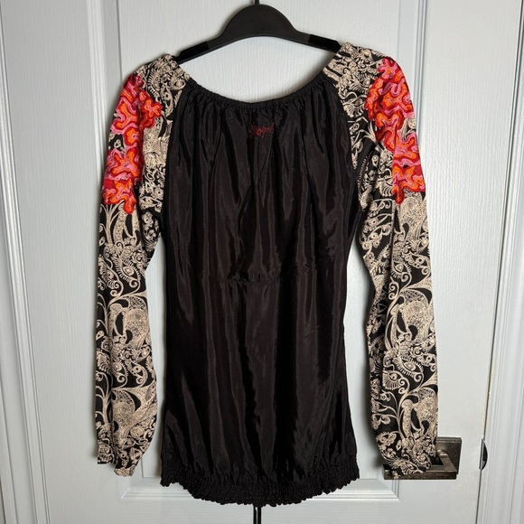 NWT Desigual Boho Blouse Size S Hippie Floral Abstract Artsy Cinch Tie Unique - Picture 12 of 16